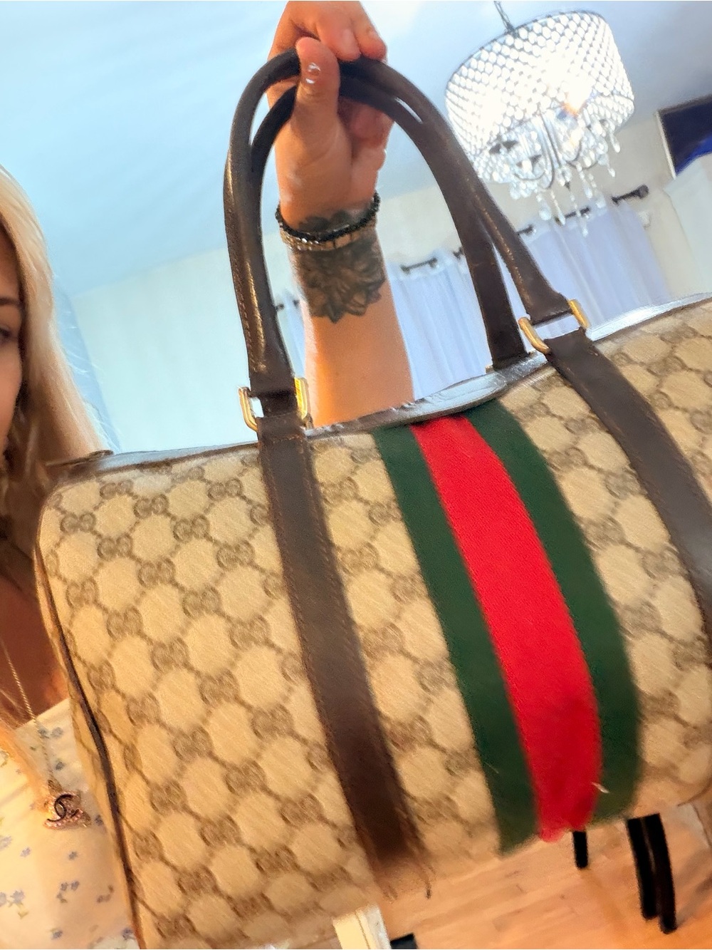 Gucci Beige Monogram Duffel with Red & Green Center Stripe - Picture 12 of 12